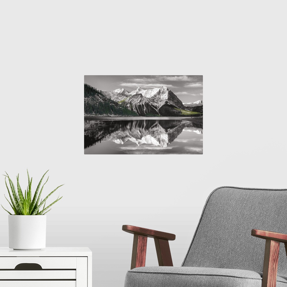 A modern room featuring Photograph of a sunrise at Emerald Lake, Yoho National Park British Columbia in black and white w...