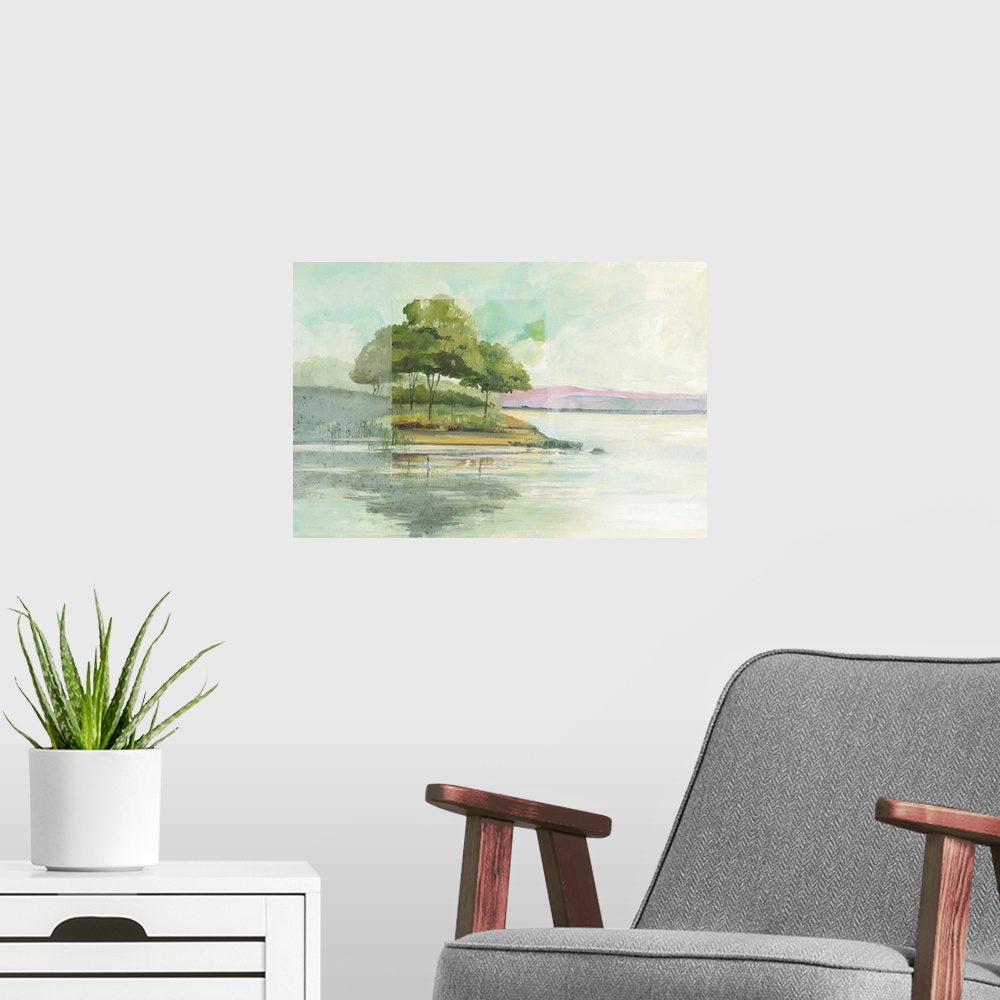 A modern room featuring Watercolor landscape painting of trees at the edge of a lake.