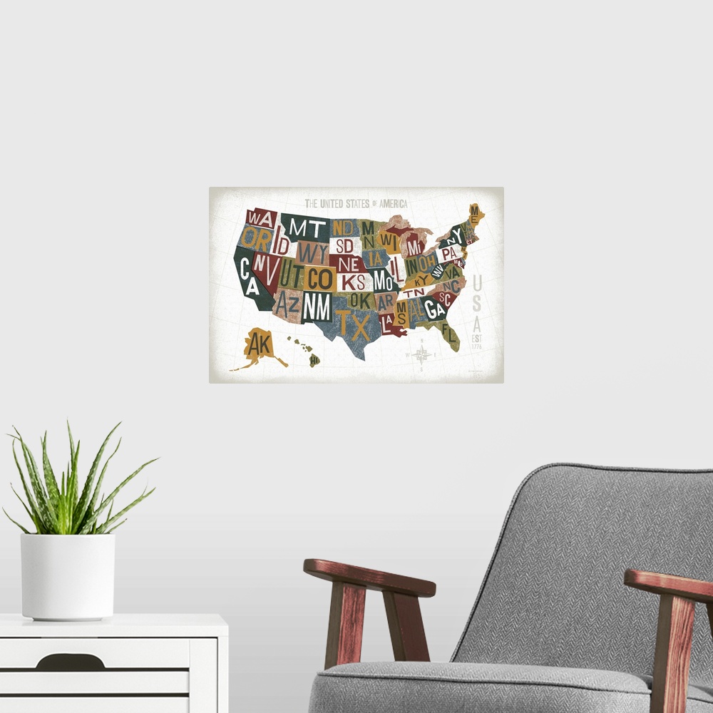 A modern room featuring Letterpress USA Map