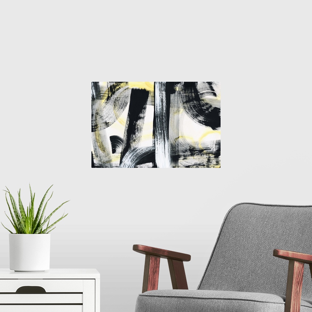 A modern room featuring Large abstract painting with thick black and white brushstrokes creating lines and circles in the...