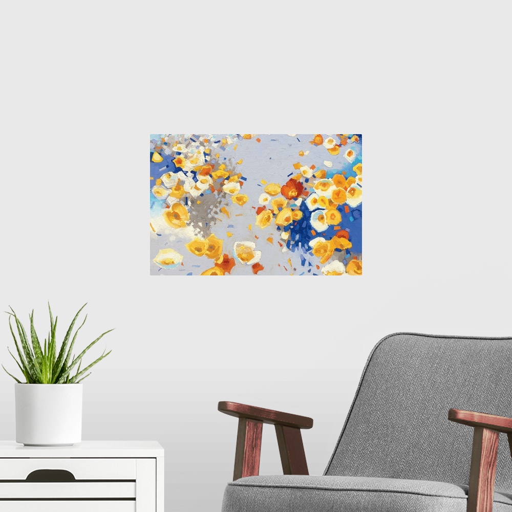 A modern room featuring Painting of swirling groups of yellow, white, and red flowers.