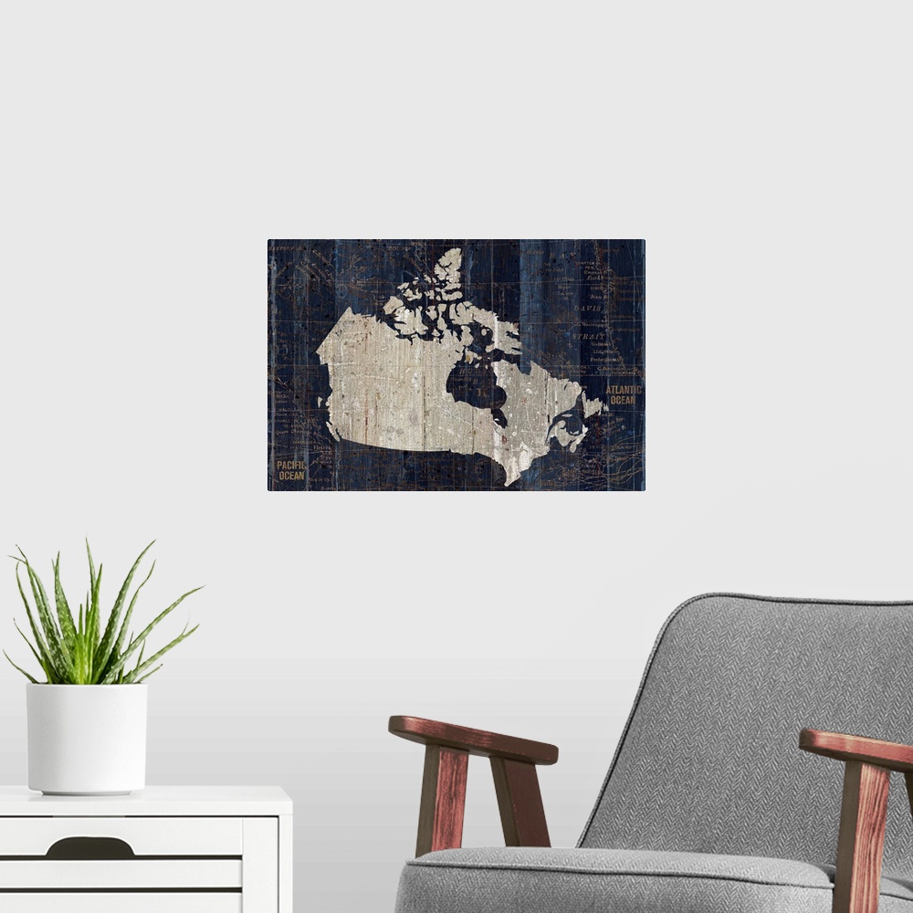 A modern room featuring Old World Map Blue Canada
