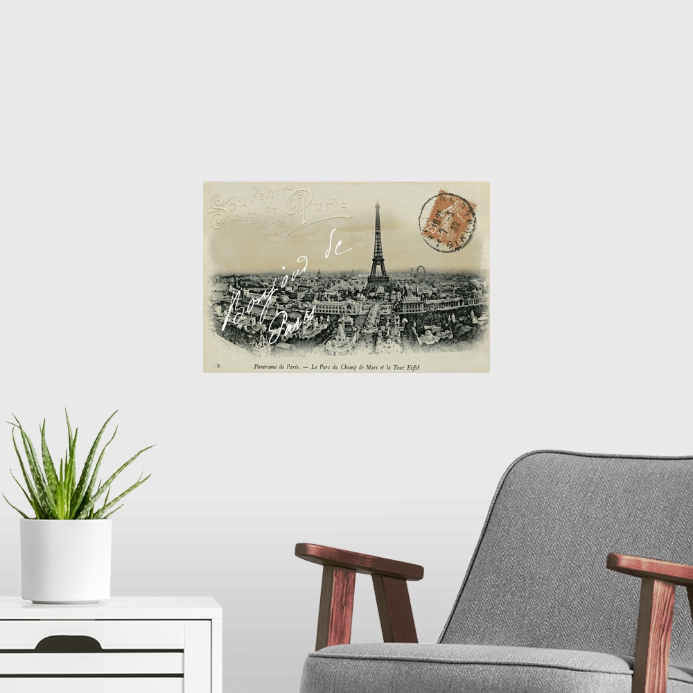 A modern room featuring Vintage souvenir postcard from France of the Eiffel Tower and surrounding Paris city.
