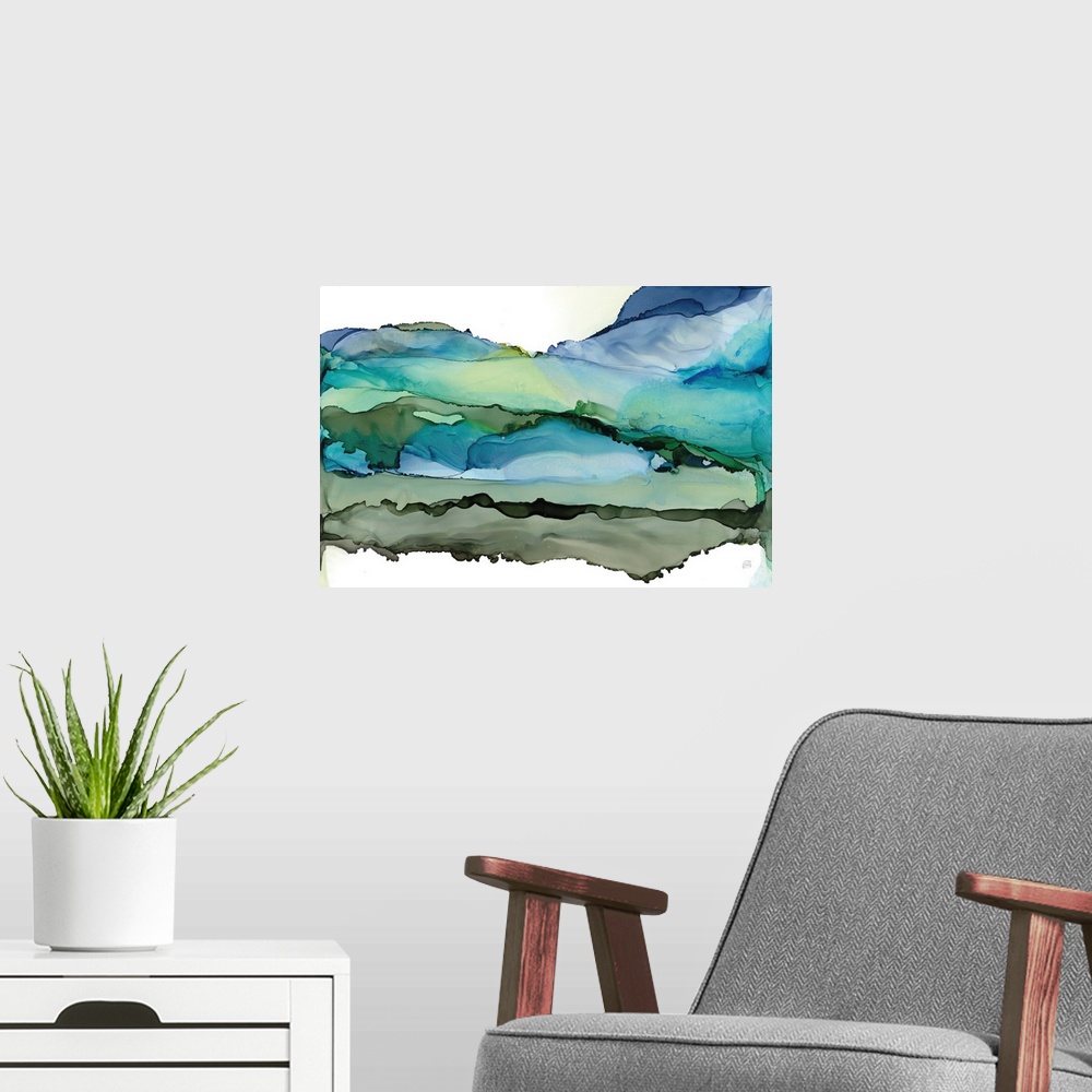 A modern room featuring A contemporary abstract in alcohol inks resembling rolling blue green hills on a white background