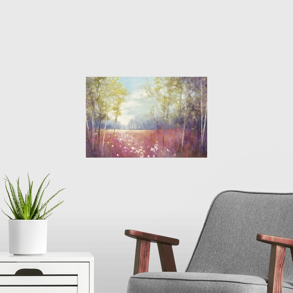 A modern room featuring Contemporary landscape painting of a clearing in a forest in pastel colors.
