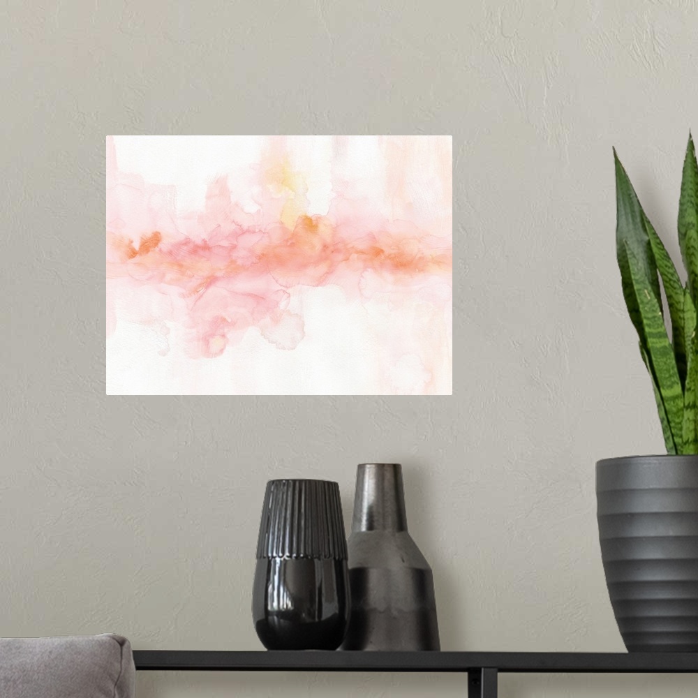 A modern room featuring Soft abstract painting in pink, yellow, and orange hues.