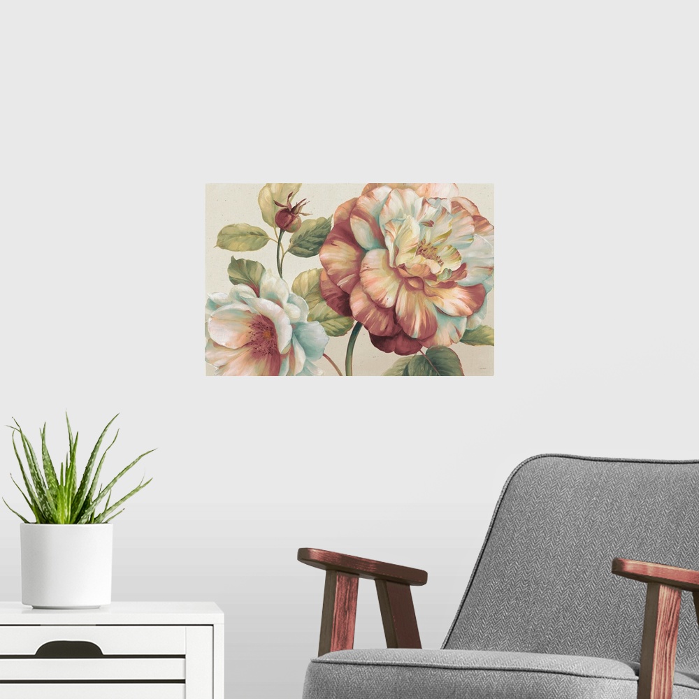 A modern room featuring Contemporary painting of large flowers on an off-white background.