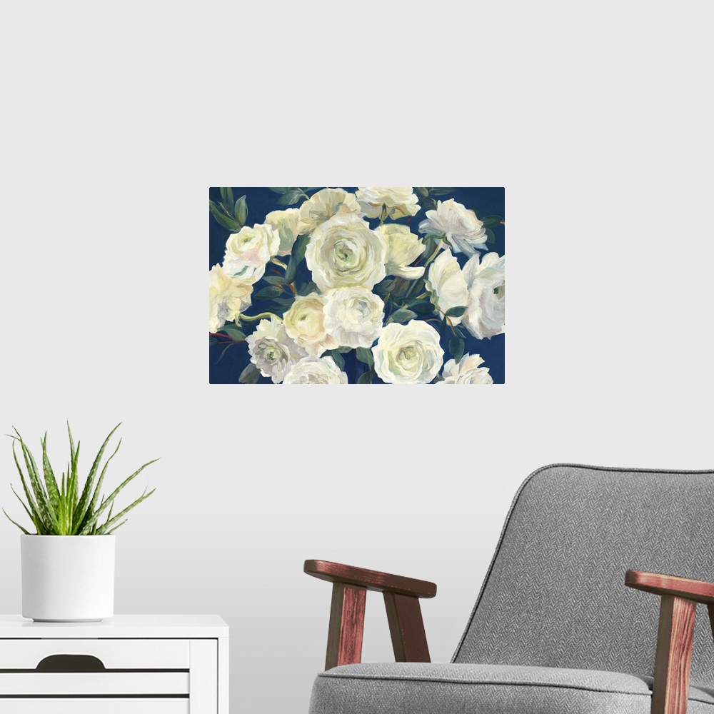 A modern room featuring A large contemporary painting of a full bloomed white roses against of blue backdrop.