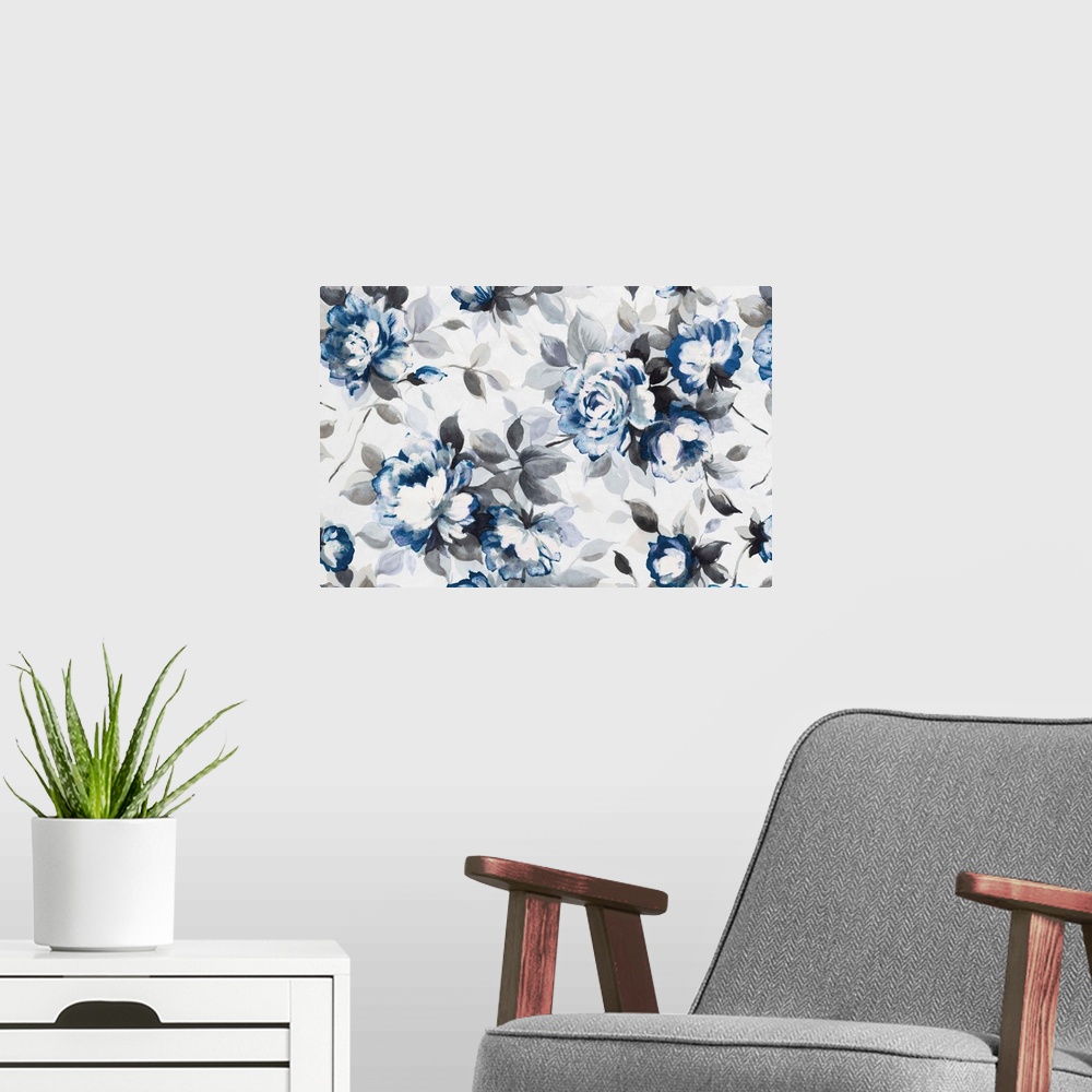 A modern room featuring Artwork of roses in blue with grey leaves.
