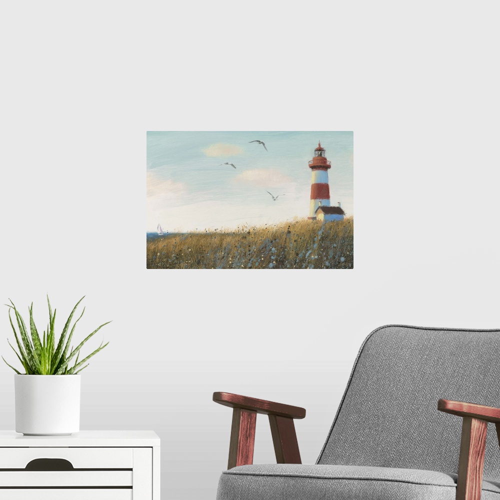 A modern room featuring Contemporary painting of a lighthouse overlooking the ocean with three seagulls flying by.
