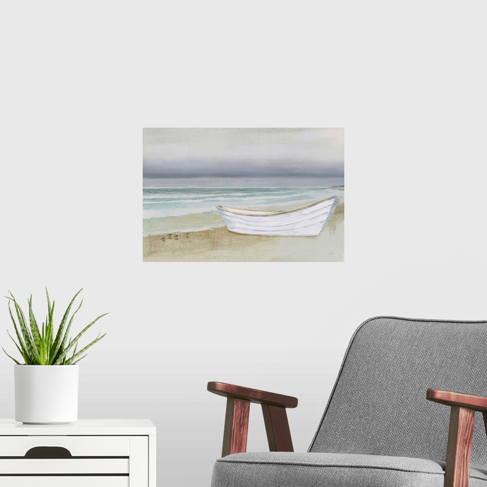 A modern room featuring Contemporary painting of a white boat on a sandy shore with shorebirds walking on the side.