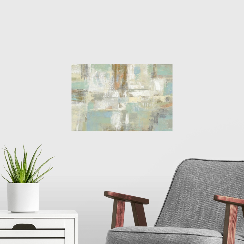 A modern room featuring Abstract artwork featuring rectangular shapes in cool colors with a distressed textures.