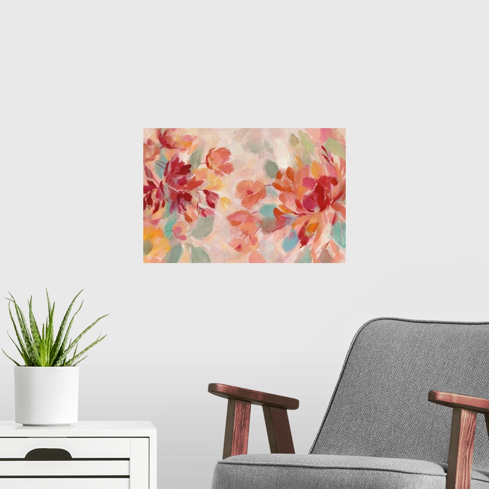 A modern room featuring Abstract painting of pink and red flowers with hints of warm orange, blue, green, and yellow hues.