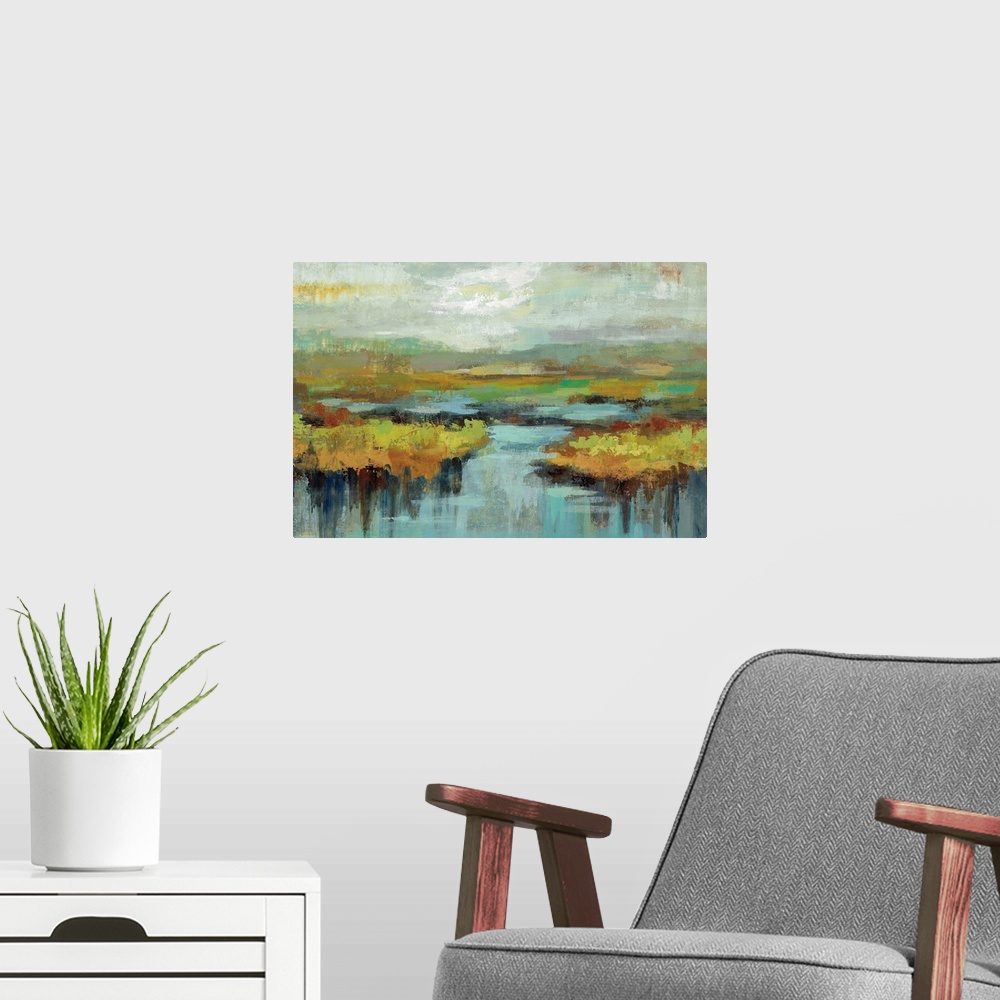 A modern room featuring Contemporary painting of a marshland in a dreary atmosphere.