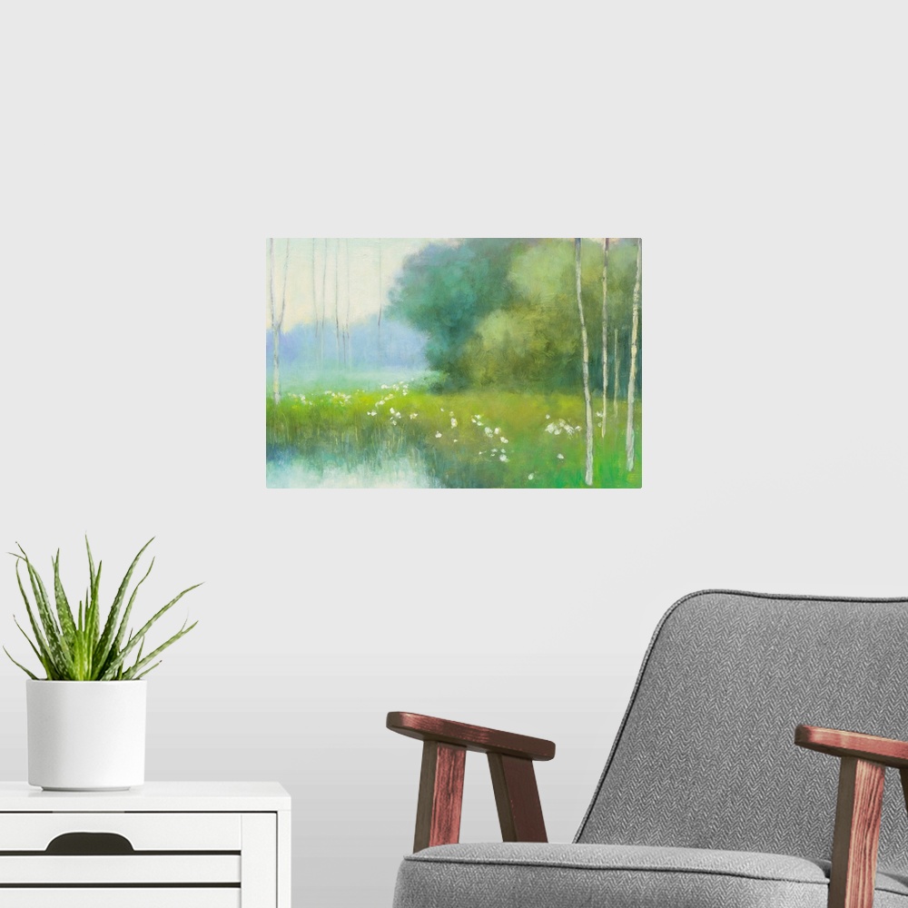 A modern room featuring Contemporary painting of a countryside scene in spring.