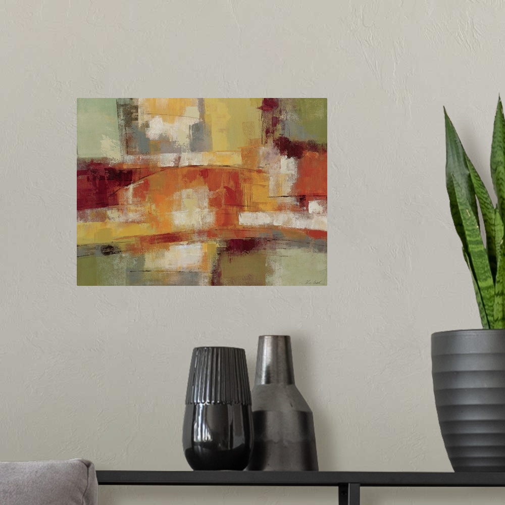 A modern room featuring Contemporary abstract art using warm earthy tones.