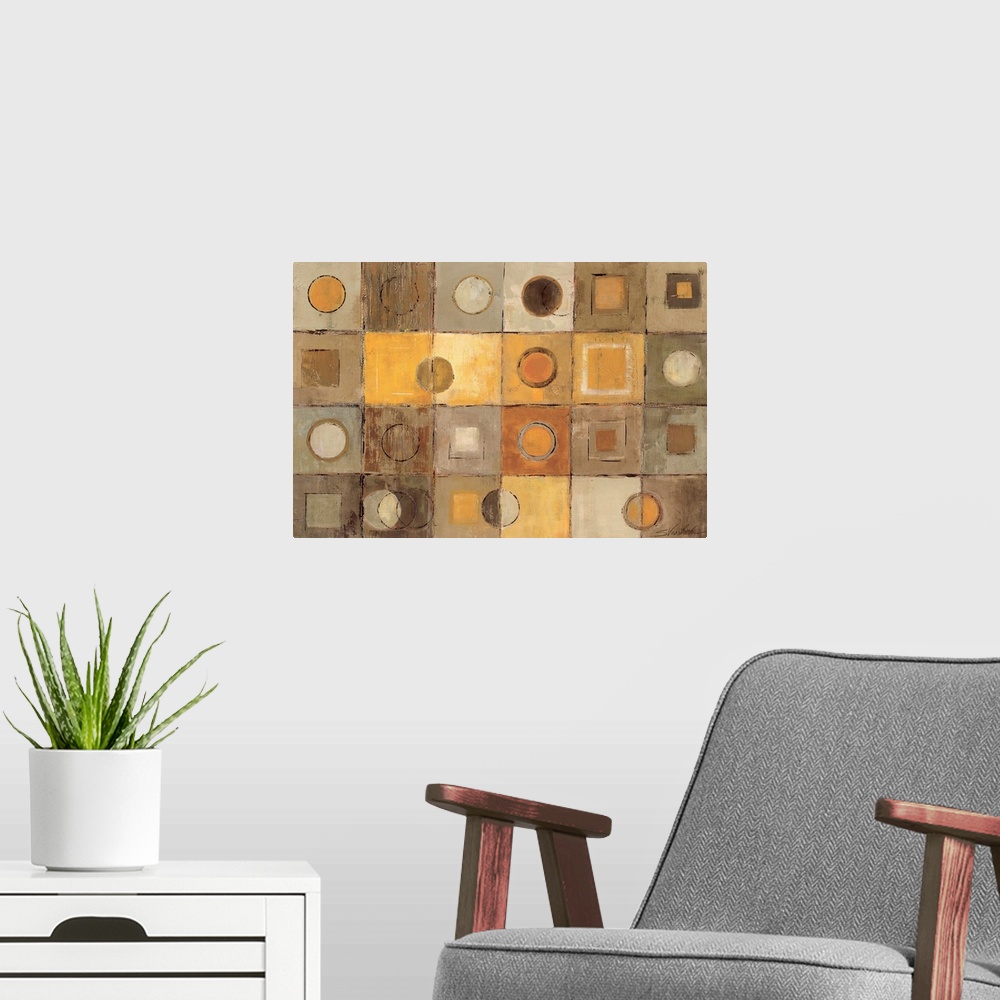 A modern room featuring Large artwork that has twenty four small squares throughout the print that than has smaller squar...