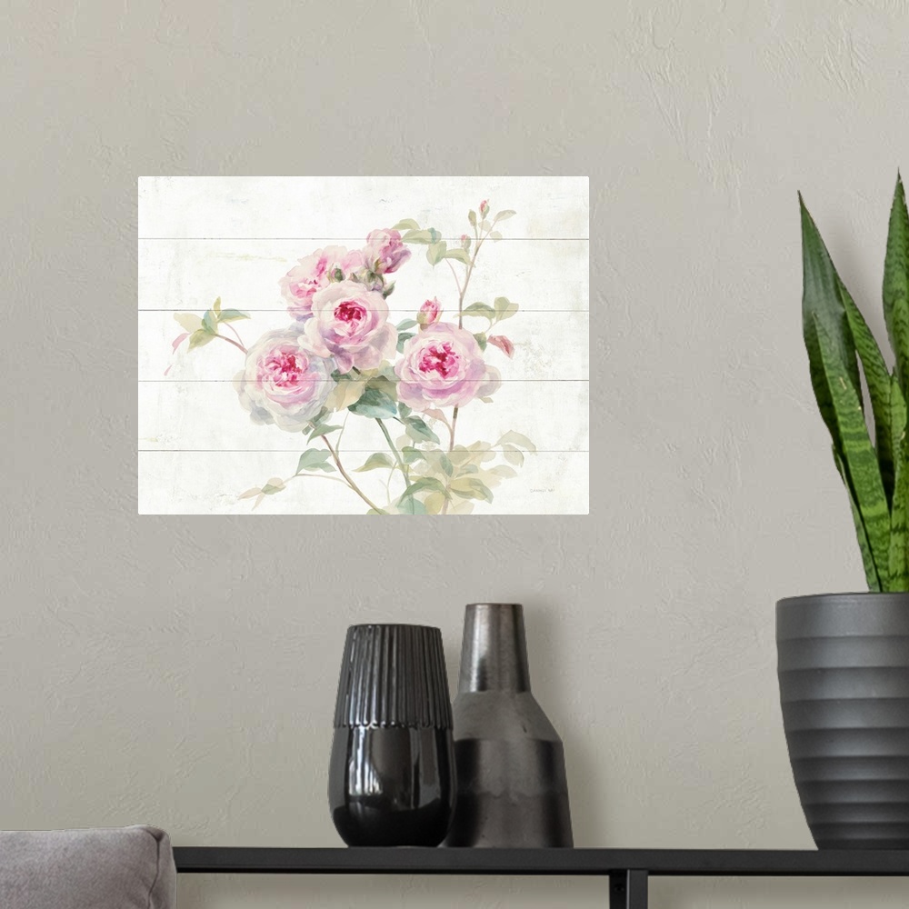 A modern room featuring Decorative artwork featuring romantic watercolor roses over white wood boards.