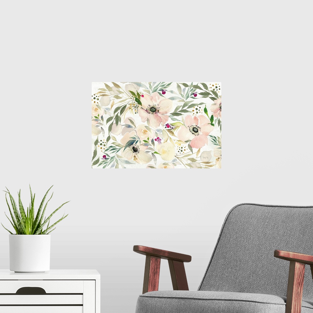 A modern room featuring Watercolor painting of soft pink flowers with green and blue toned leaves and bright pink berries.