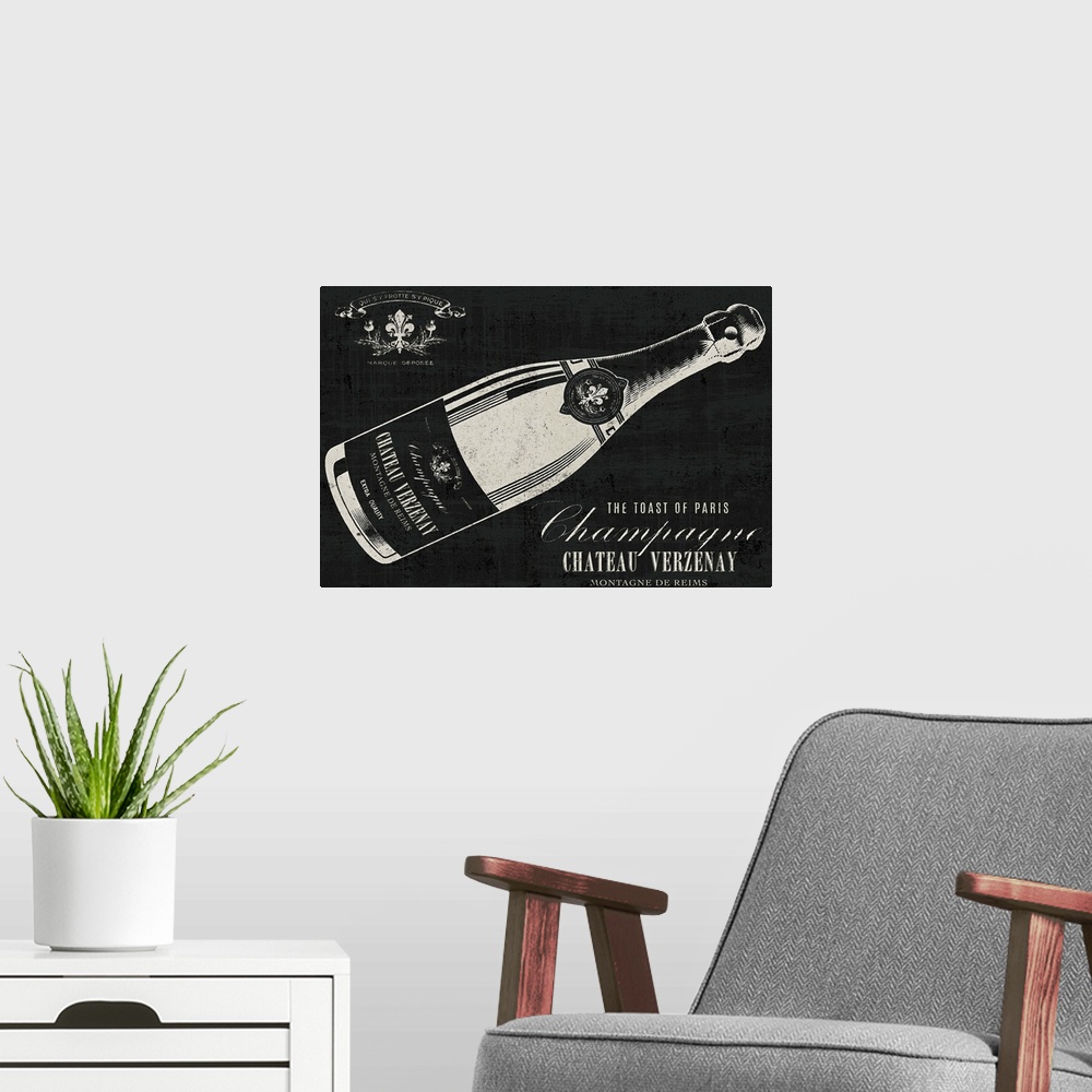 A modern room featuring Contemporary artwork of a champagne bottle against a black background.