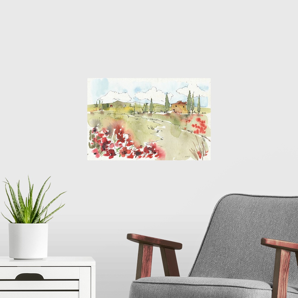 A modern room featuring Watercolor painting of a Tuscan landscape with red flowers in the foreground.