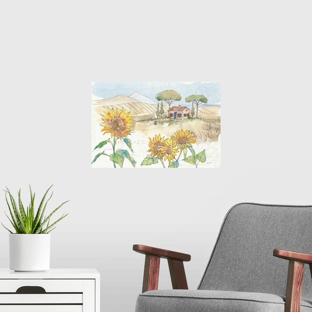 A modern room featuring Watercolor painting of a Tuscan landscape with sunflowers in the foreground and a cottage with ro...