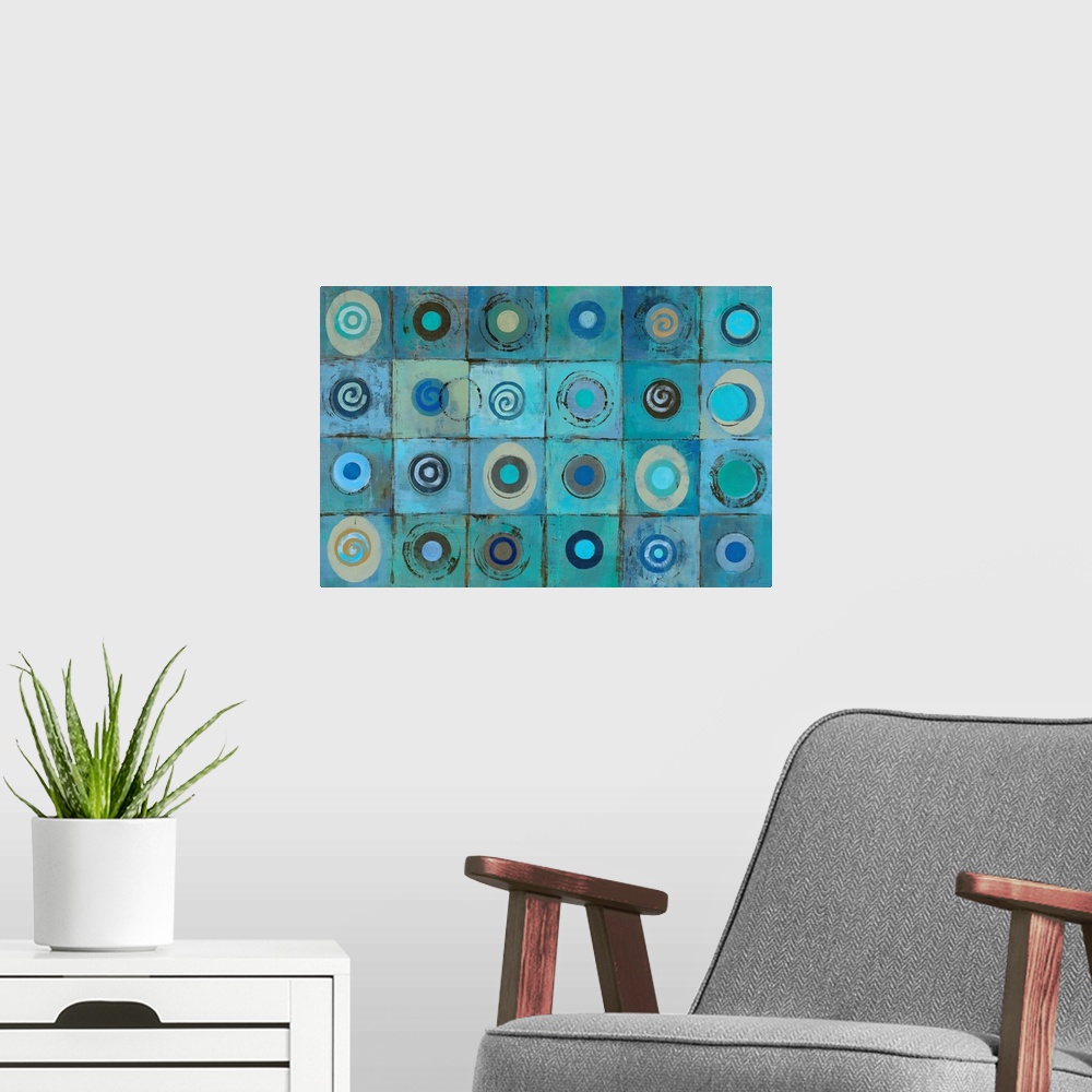 A modern room featuring A decorative accent for the home or office this horizontal painting shows a grid of twenty-six ci...