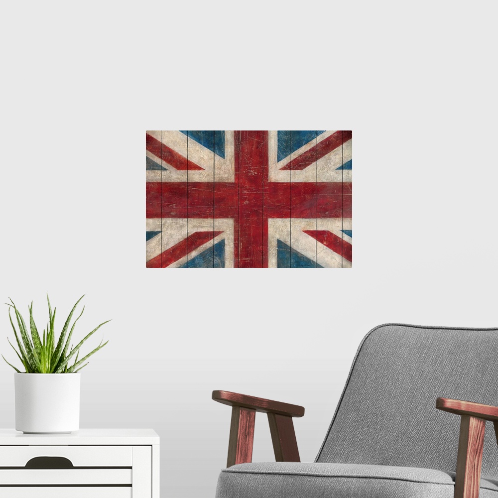 A modern room featuring Decorative wall art of the national flag of the United Kingdom painted on wood panels that have a...