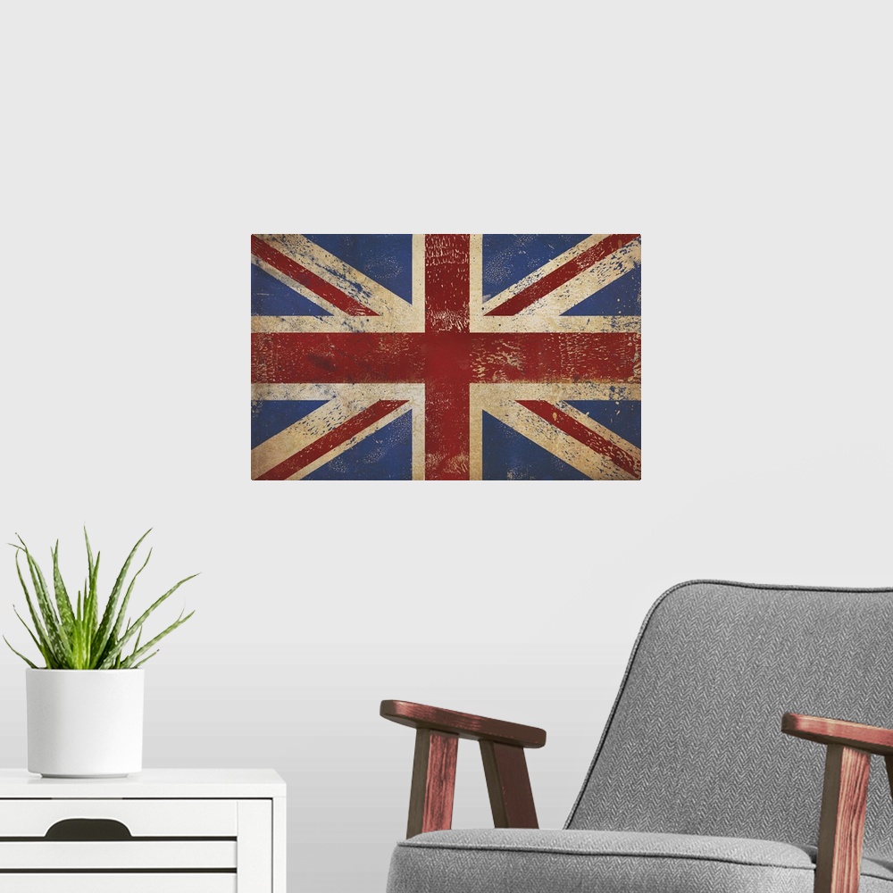 A modern room featuring A painting of the Union Jack flag looking distressed.