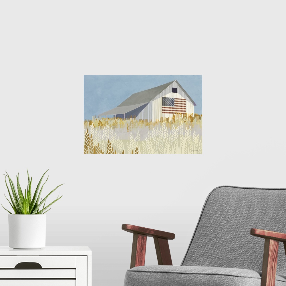 A modern room featuring Wheat Fields Barn With Flag