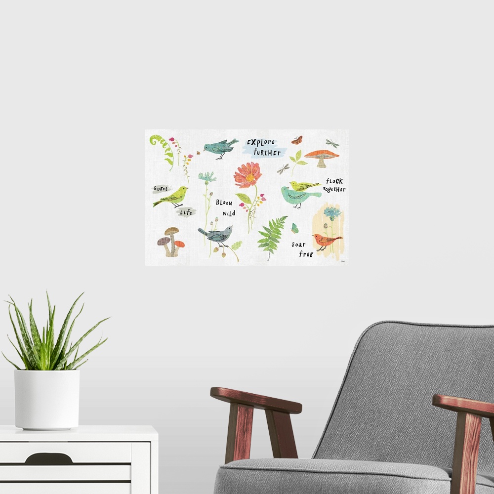 A modern room featuring Digital illustration of birds and flowers with text of "Explore Further", "Flock Together", Sweet...