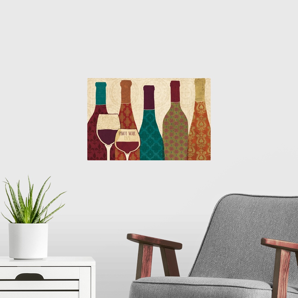 A modern room featuring Wine Collage I with Glassware