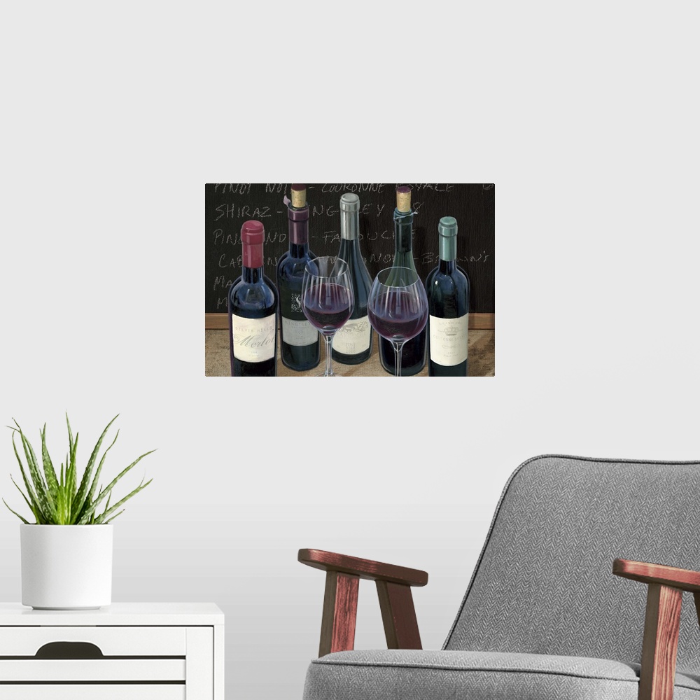 A modern room featuring Contemporary artwork of bottles and glasses of wine lined up together.