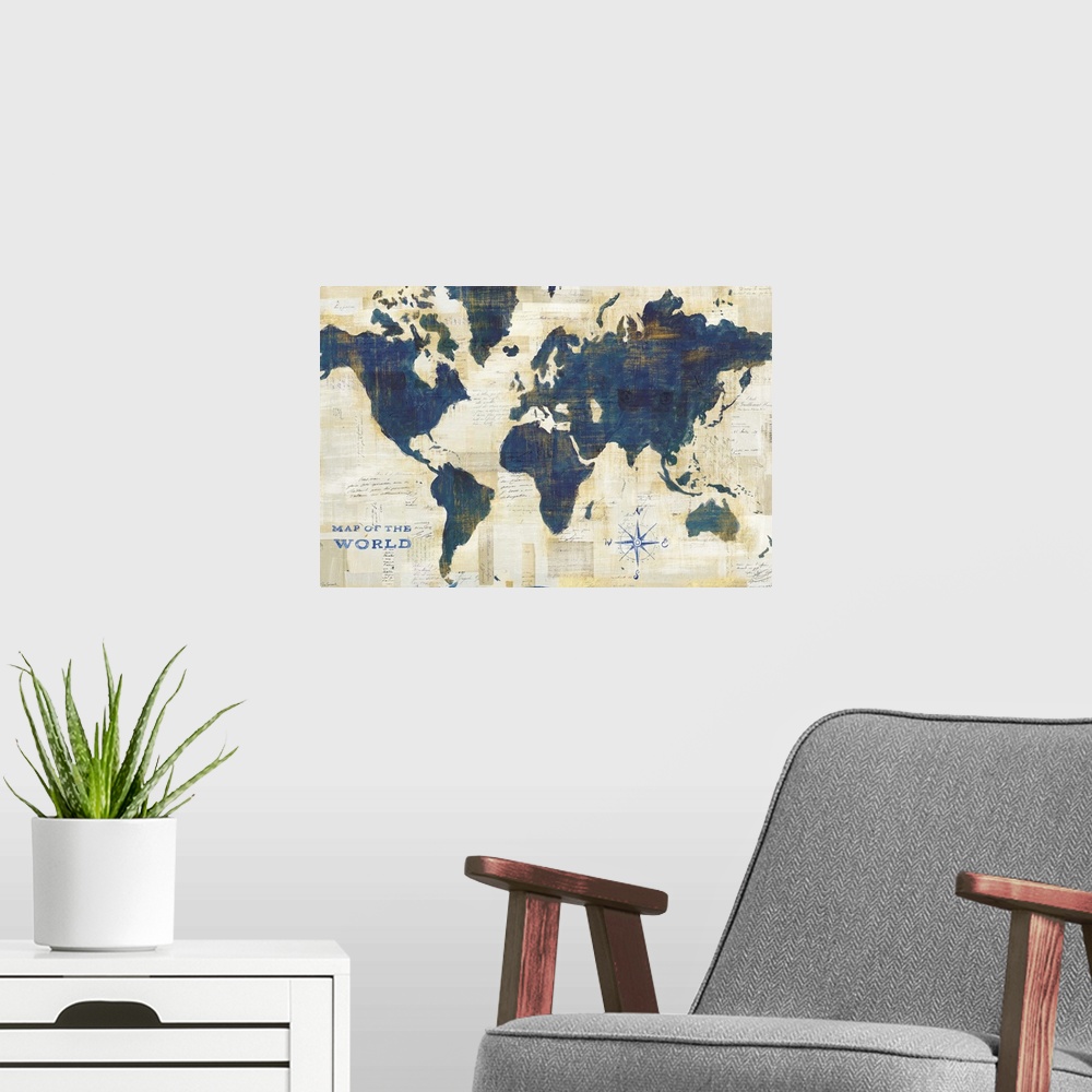 A modern room featuring Mixed media map of the world in navy blue.