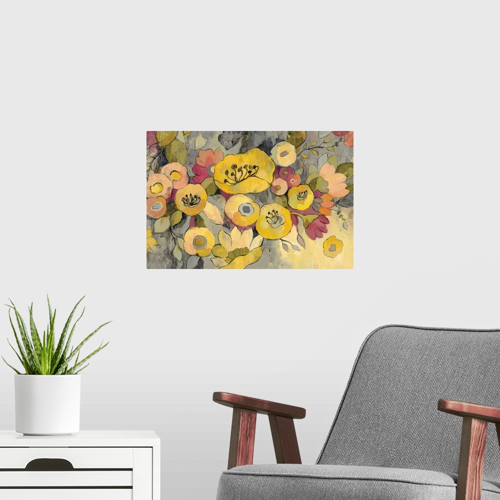 A modern room featuring Painting of a bouquet of yellow poppies and daisies.
