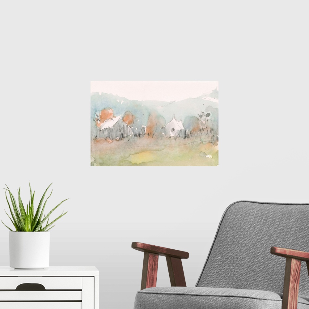 A modern room featuring An abstracted watercolor painting of farm buildings with trees and foliage in the foreground