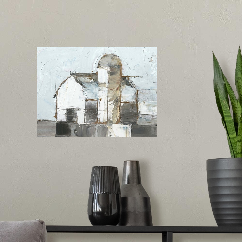 A modern room featuring Painting of a white barn and silo with pale blue and grey.