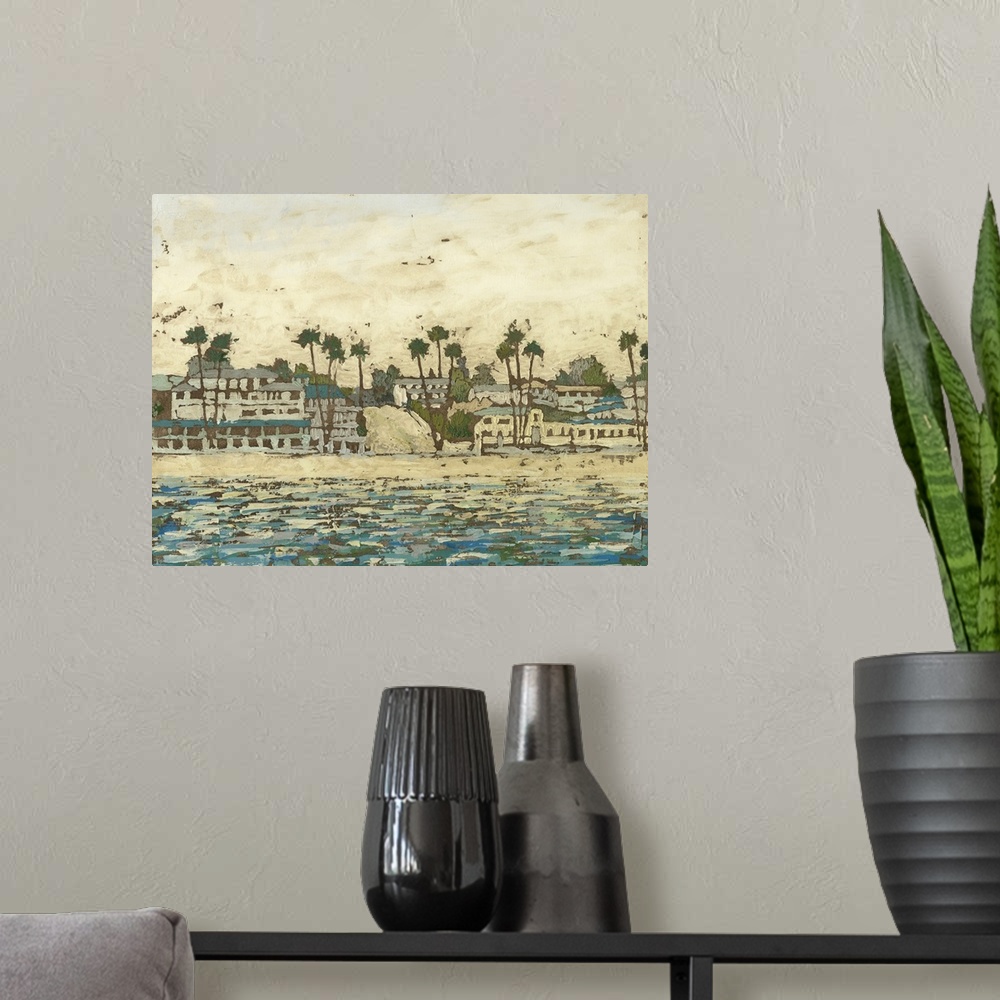 A modern room featuring Contemporary painting of a seaside town with lots of palm trees.