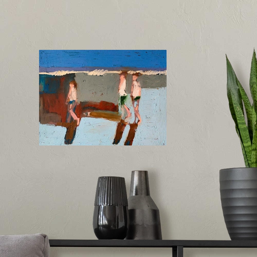 A modern room featuring A very blocky, abstracted contemporary painting of three figures walking in front of low waves tu...