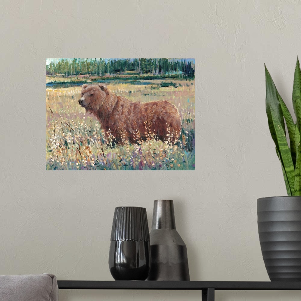 A modern room featuring Contemporary art print of a brown bear standing in a field of wildflowers.