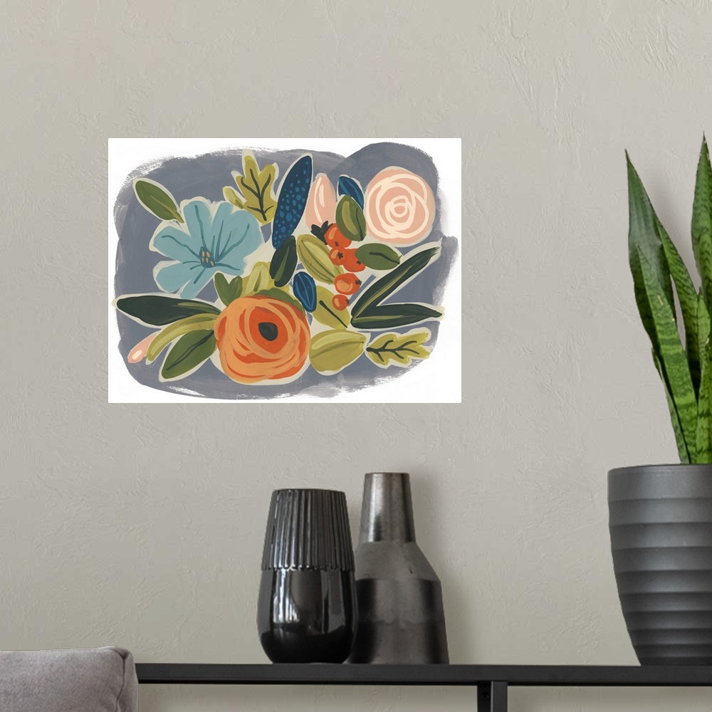 A modern room featuring Decorative artwork featuring whimsical brush strokes to create a flower arrangement.