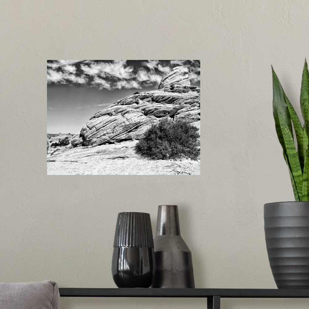 A modern room featuring Black and white photograph of Canyonlands National Park in Utah.
