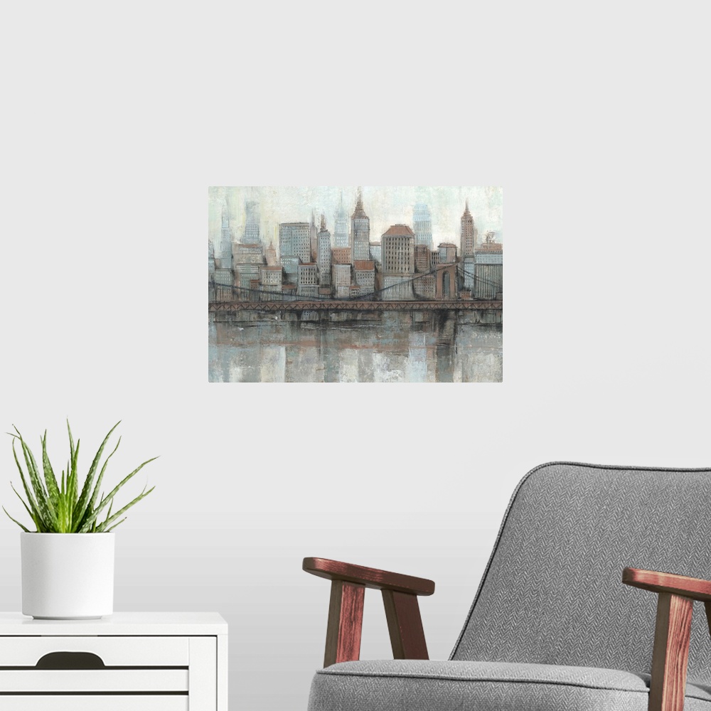 A modern room featuring Contemporary painting of a city skyline in dark gray and red colors.