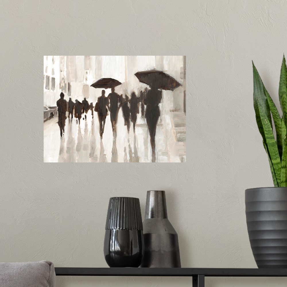 A modern room featuring Abstracted city scene of figures walking in the rain.