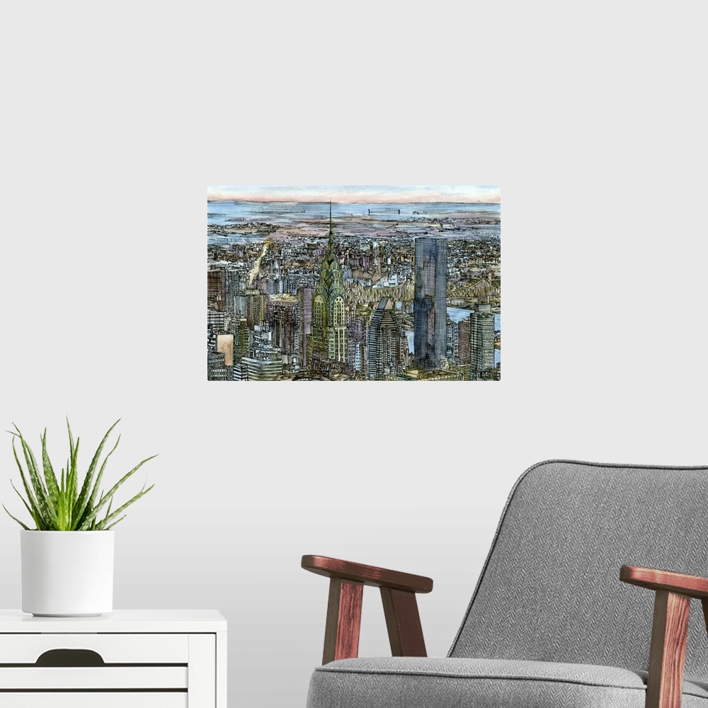 A modern room featuring Contemporary drawing with filled in color of an aerial view of part of New York City with the Chr...
