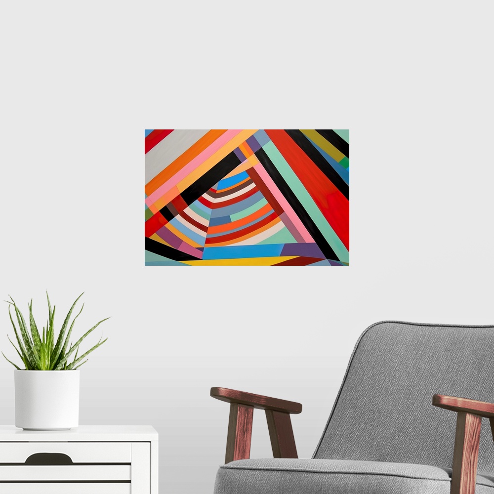 A modern room featuring geometric abstraction wall art