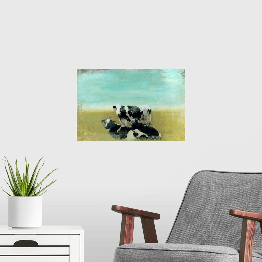 A modern room featuring Contemporary painting of black and white cows grazing in a green field.