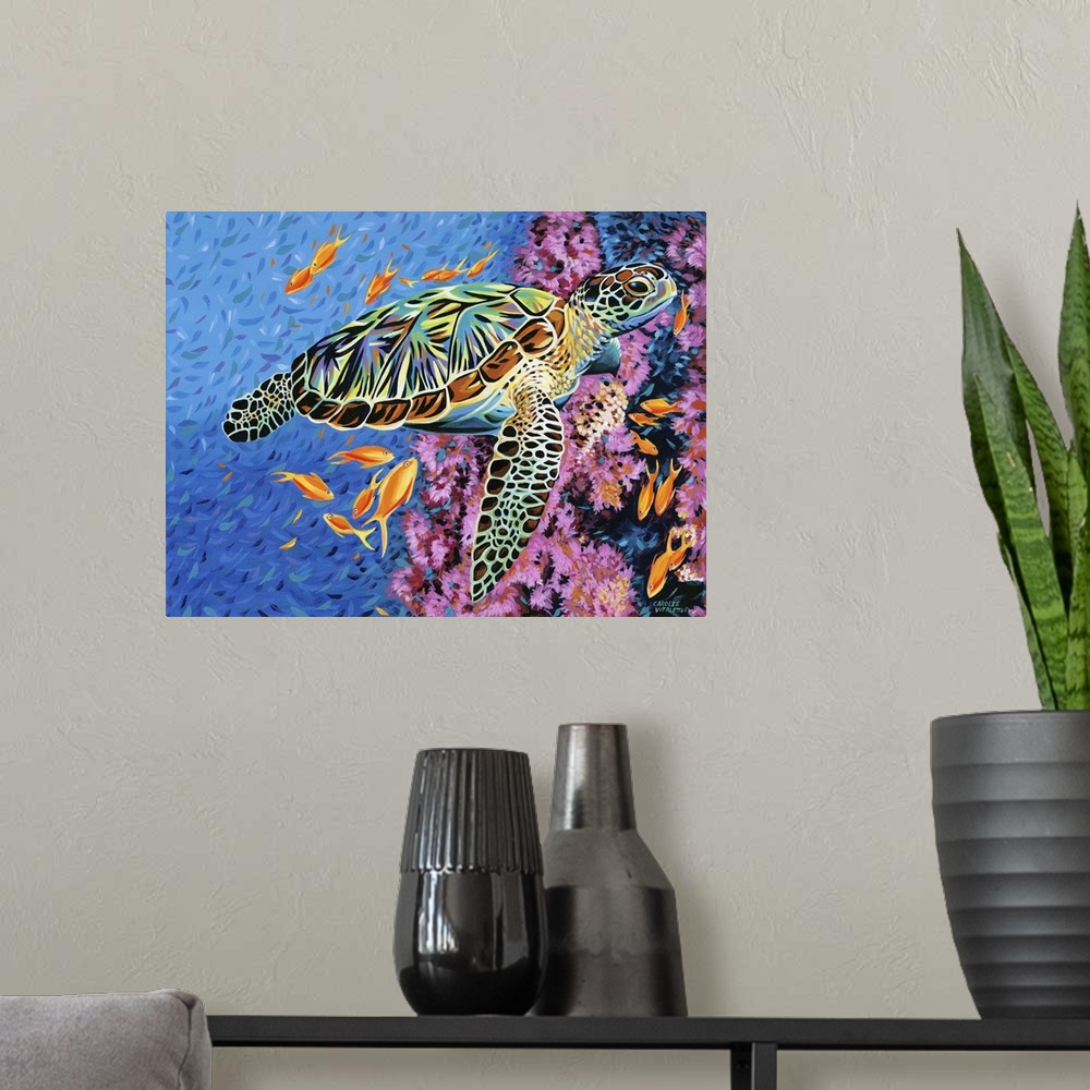 A modern room featuring Contemporary painting of a sea turtle floating in the ocean with tropical fish and coral.