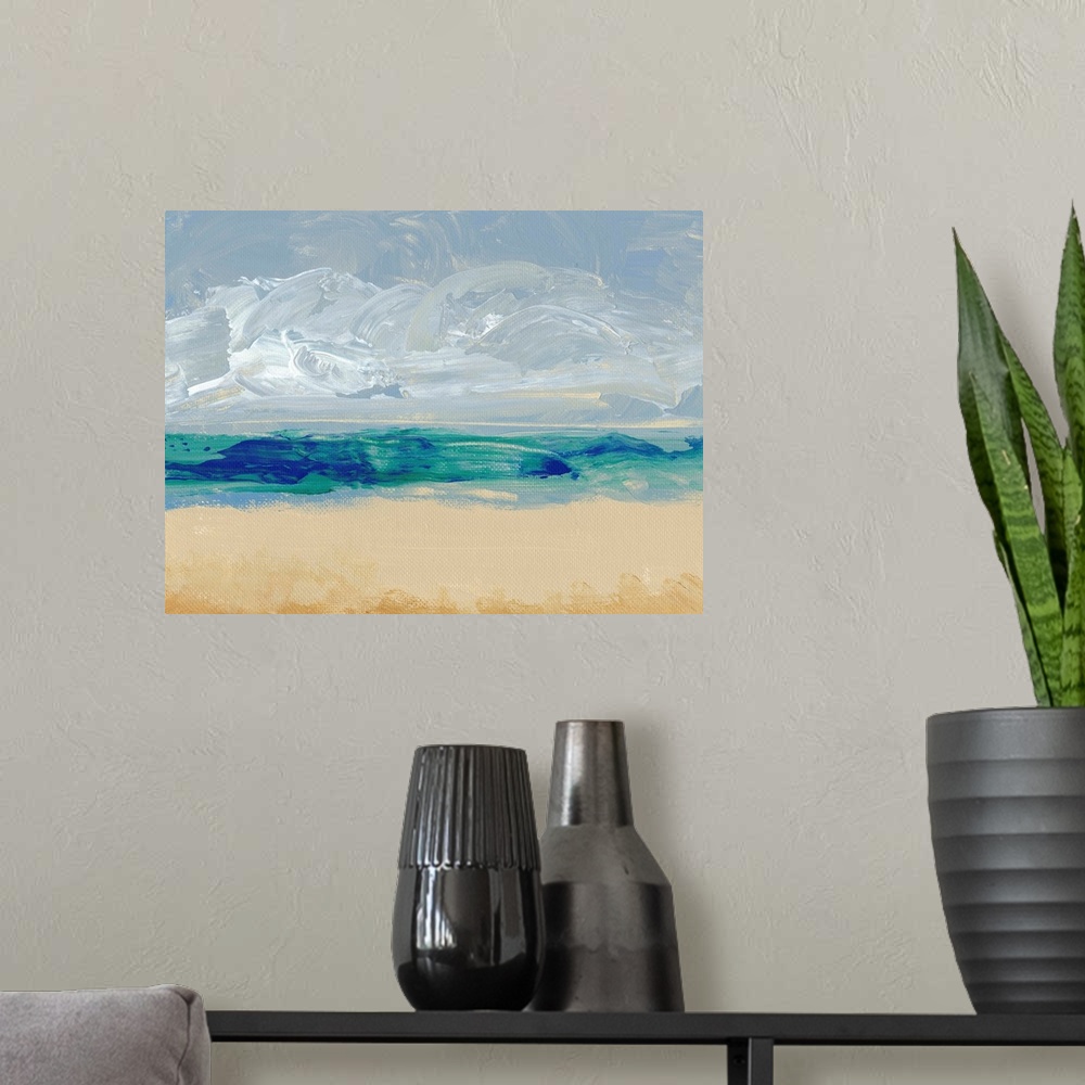 A modern room featuring Abstract painting using color placement to convey the image a beach.