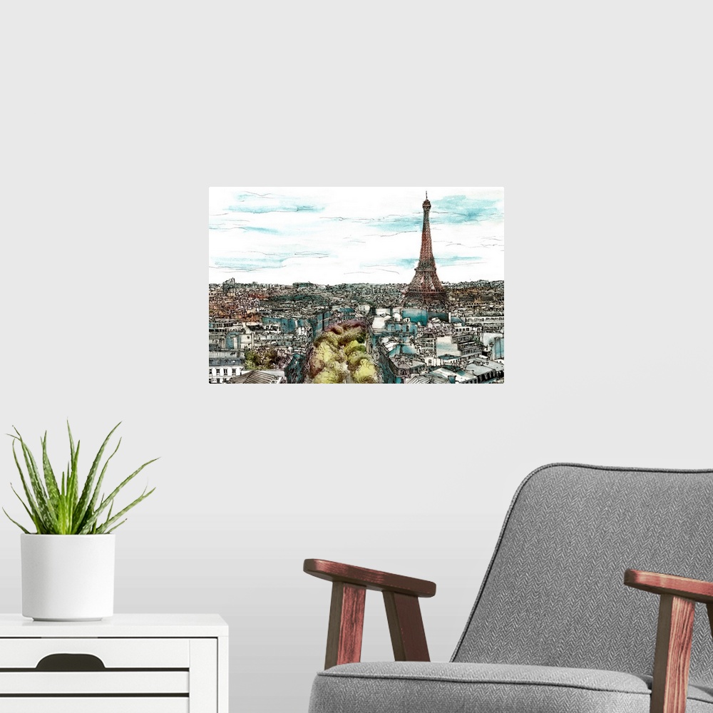 A modern room featuring Contemporary sketch with filled in color of a cityscape in Paris, France with the Eiffel Tower to...
